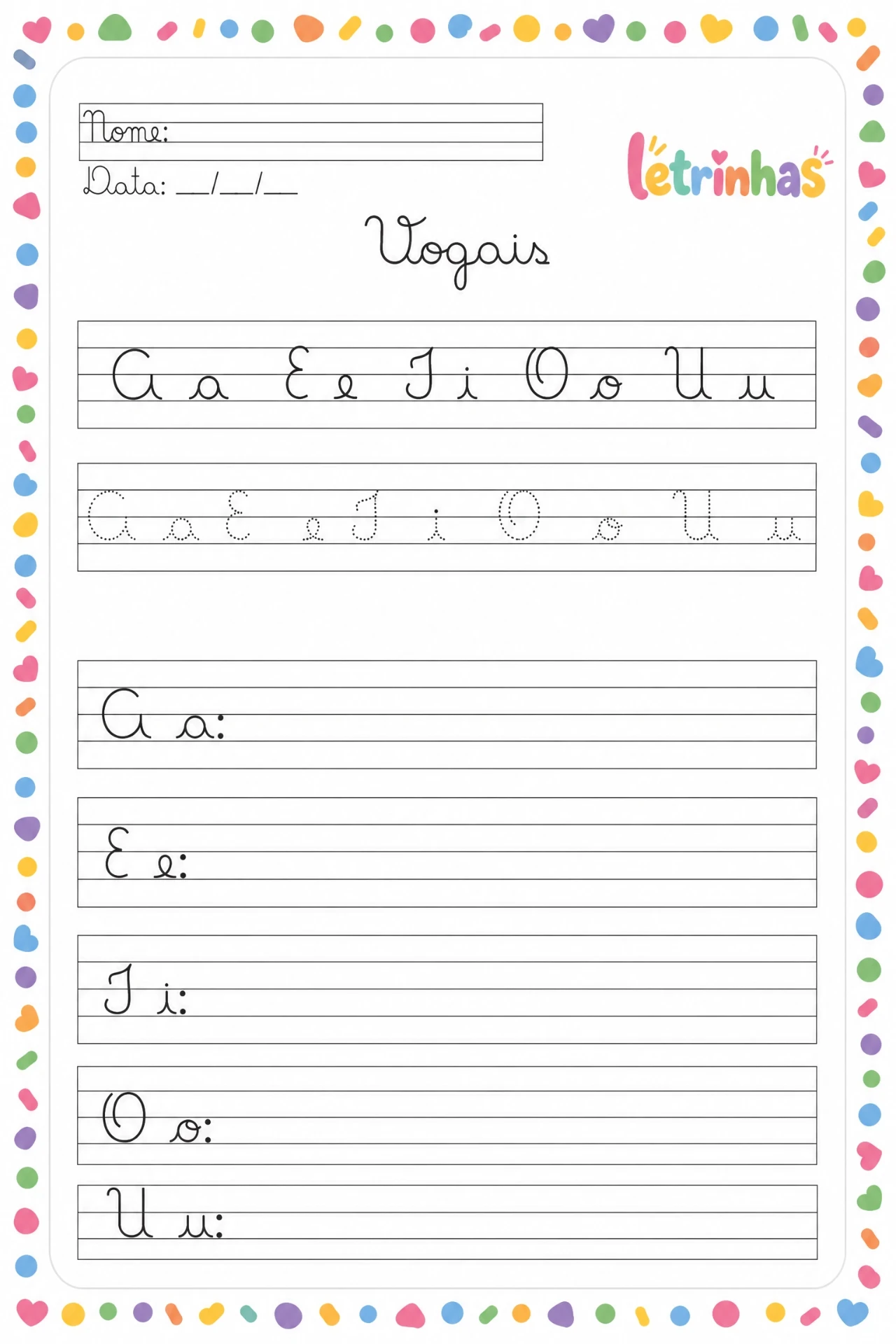 Página de vocabulário com as vogais