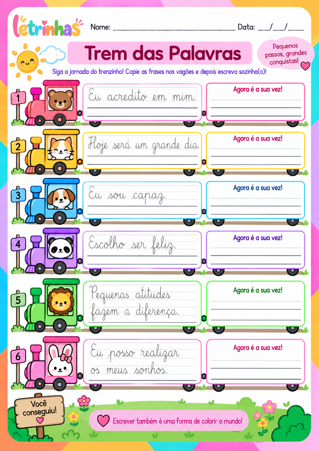 Atividade Trem das Palavras: copie frases com os bichinhos